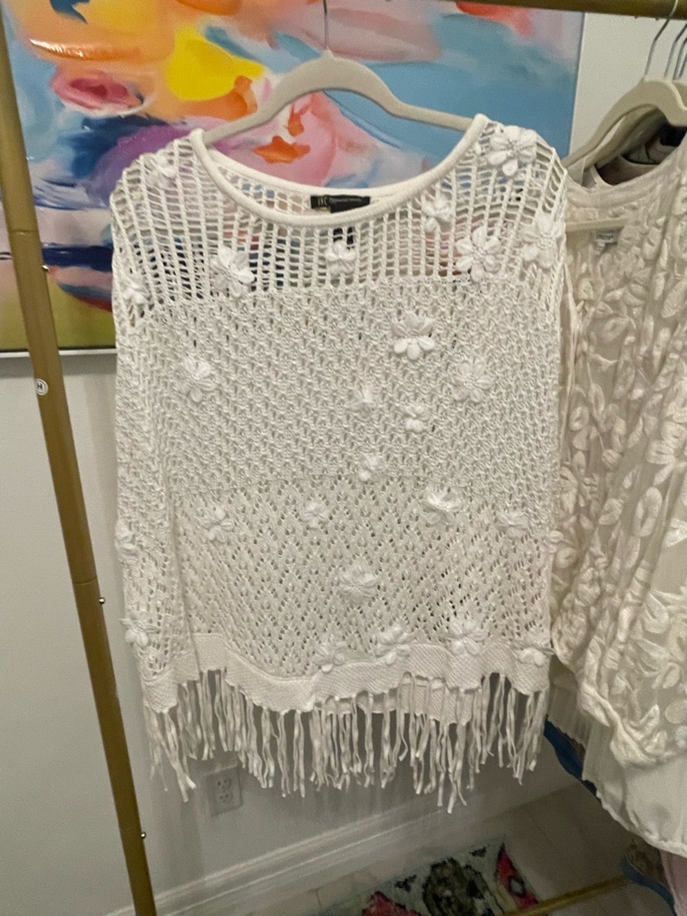 INC International Concepts White Crochet Fringe Top beach pool cover up Large - Picture 4 of 6